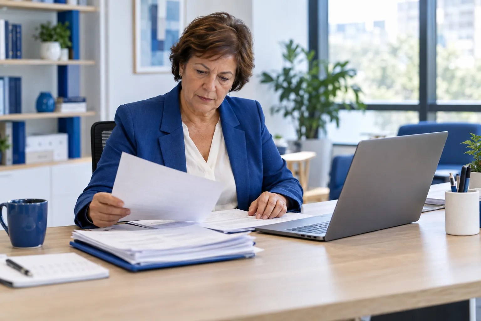 Auditora analisando documentos e evidências.